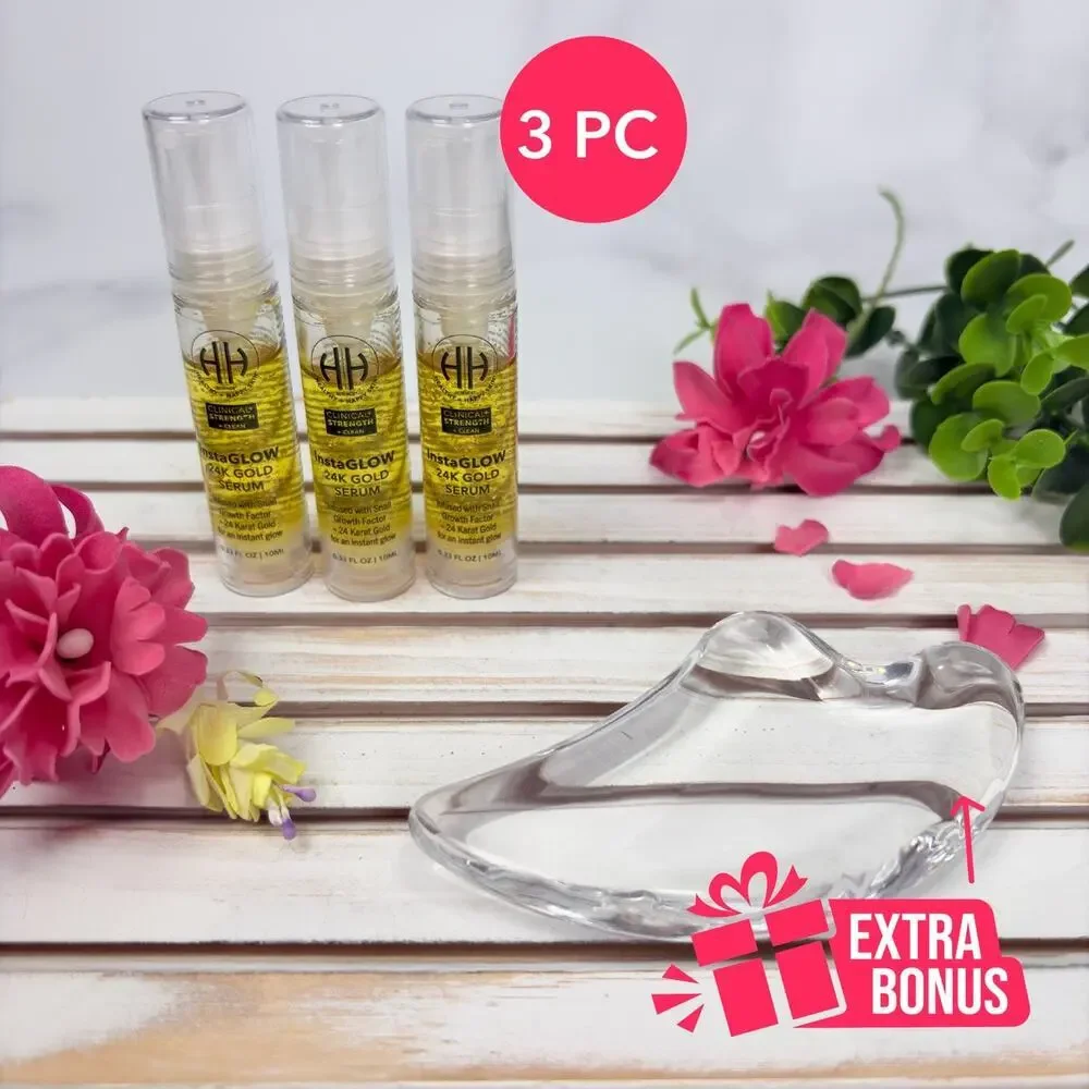 HH Science InstaGLOW 24K Gold Serum Bundle 3 Pc 0.33oz  + Gua Sha Clinical Clean